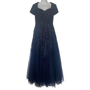 La Femme Embellished Tulle A-Line Floor Length Navy Blue Evening Dress Size 6